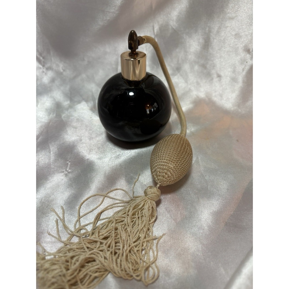 Vintage Dark Black Glass Perfume Bottle Goldtone Lid Atomizer w/ tassel EMPTY - Picture 1 of 4